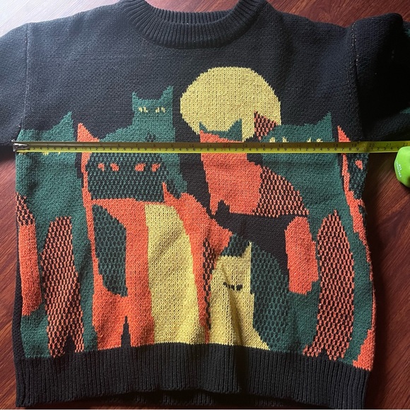 Black Knitted Cat Sweater With Green & Orange Cats - Picture 3 of 7